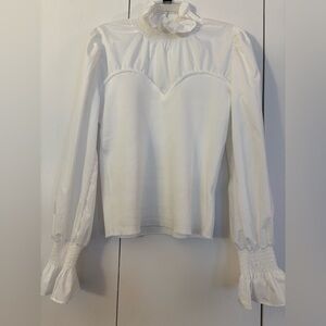 White long sleeve blouse with sweater bodice, ruffles, puffy sleeves